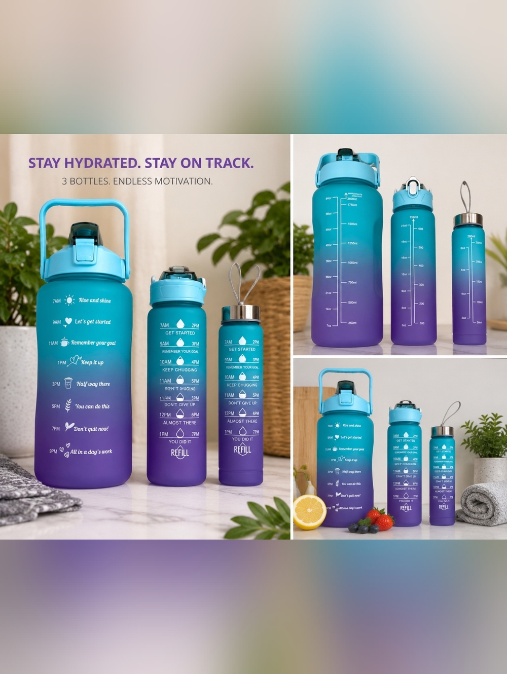 New 3pcs Portable Sport Water Bottles for gym, hiking 2000ml, 750ml, 280